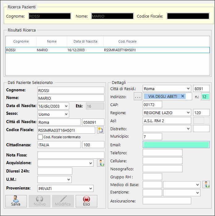 esempio di scheda paziente - software per la sanità Health.NET